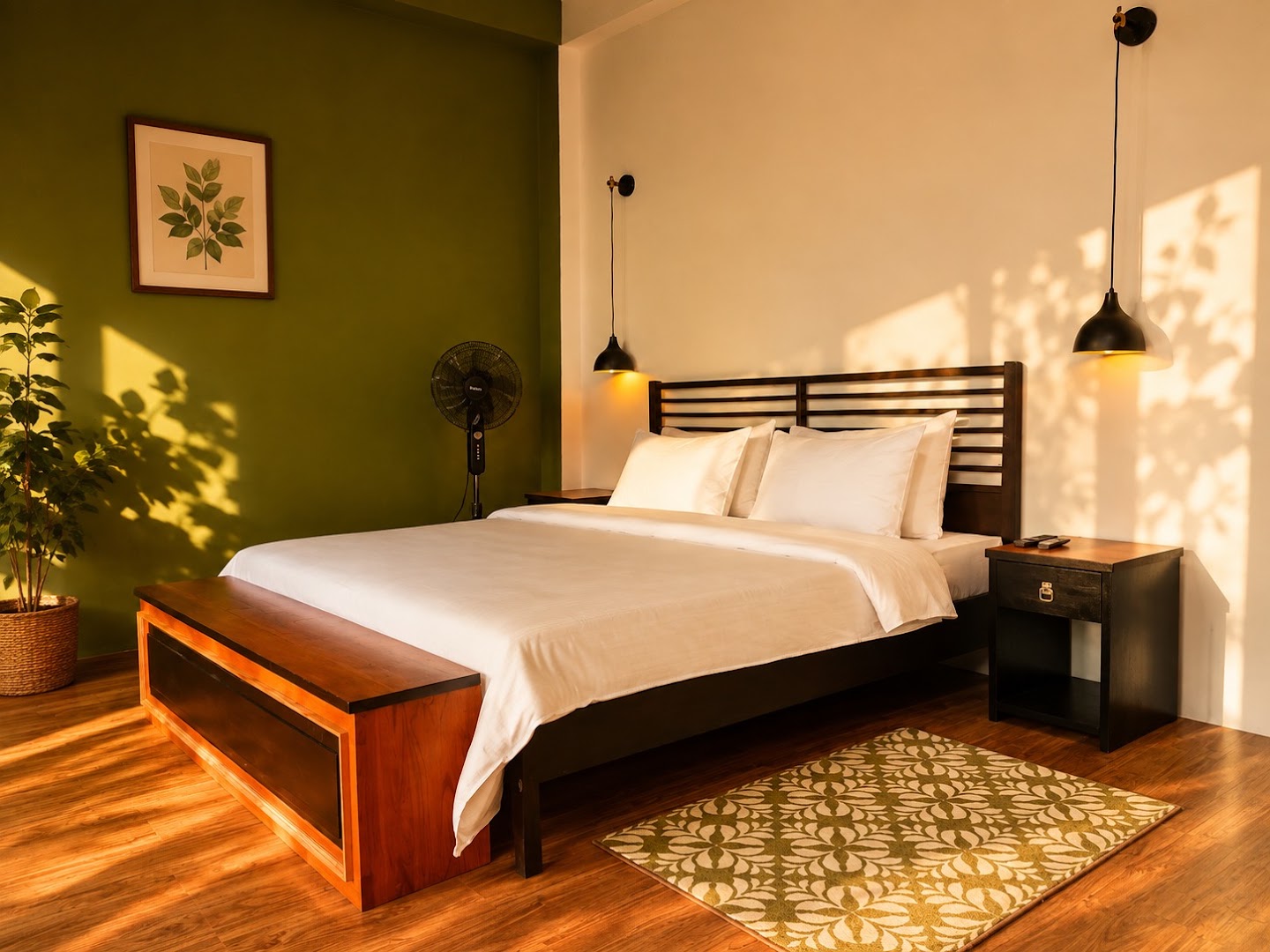 Spacious bedroom with white linen, timber furniture, and an olive wall
