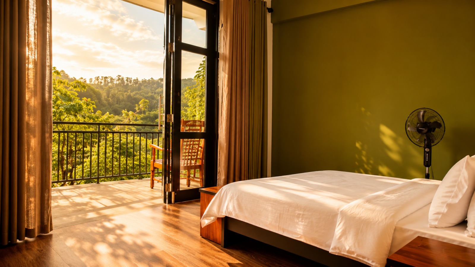 Sunlit bedroom opening onto a balcony and green hillside view