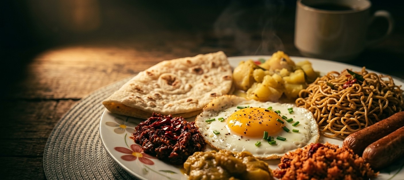 Warm breakfast spread served on a wooden table